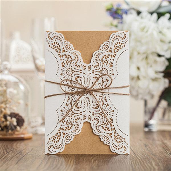 Rustic white lace detailed Wedding Invitation with suede ribbon LC011 - Hibrides