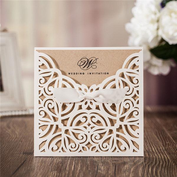 Rustic white laser cut Wedding Invitation with bow ribbons LC022 - Hibrides