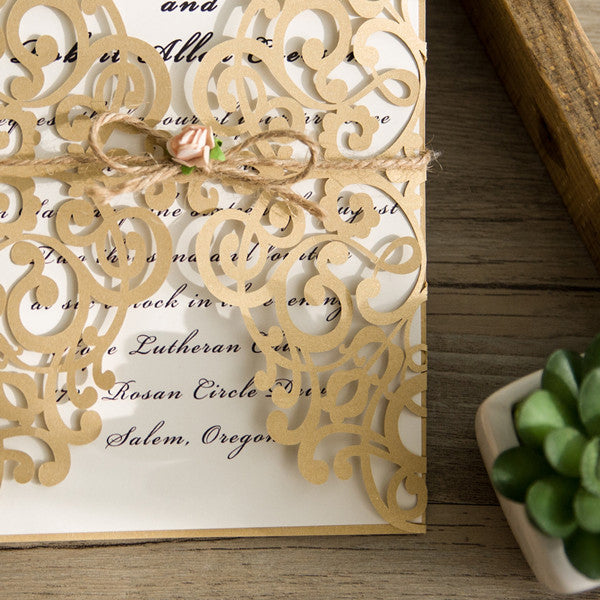 Rustic Kraft Fold Laser Cut Invitations with Flower Accents LCZ004 - Hibrides