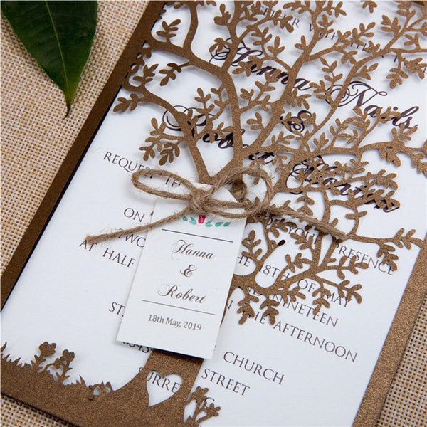 Rustic Shimmer Brown Love Tree Laser Cut Wedding Invitations with Personalized Tag Lcz059 - Hibrides
