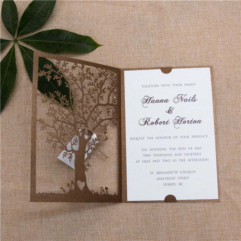Rustic Shimmer Brown Love Tree Laser Cut Wedding Invitations with Personalized Tag Lcz059 - Hibrides