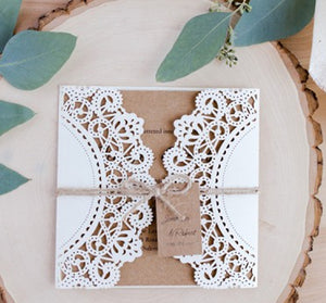 Rustic White and Kraft Laser Cut Invitation with Tag and Burlap Ribbon lcz020 - Hibrides