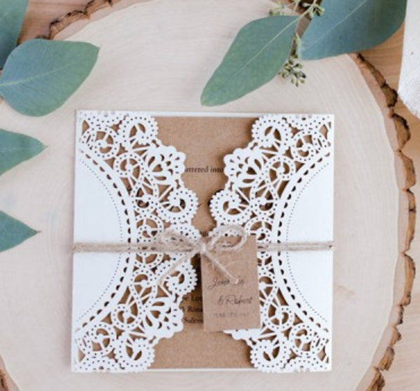 Rustic White and Kraft Laser Cut Invitation with Tag and Burlap Ribbon lcz020 - Hibrides