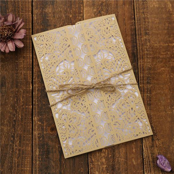 Rustic gold country laser cut Wedding Invitation with hemp cord LC042 - Hibrides
