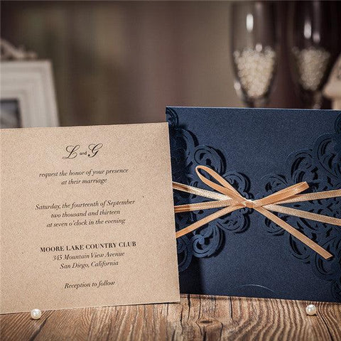 Navy blue laser cut Wedding Invitation with champagne gold ribbons LC017 - Hibrides