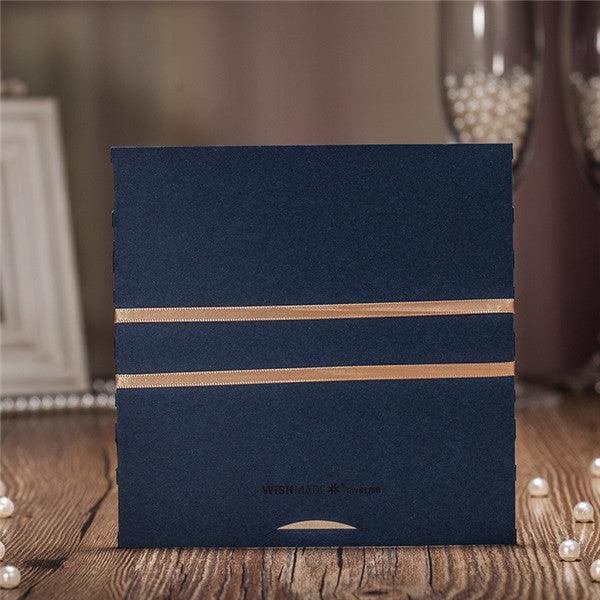 Navy blue laser cut Wedding Invitation with champagne gold ribbons LC017 - Hibrides
