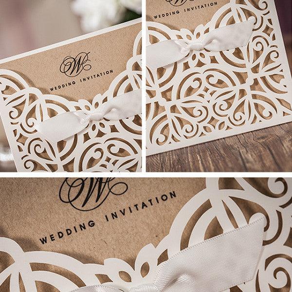 Rustic white laser cut Wedding Invitation with bow ribbons LC022 - Hibrides