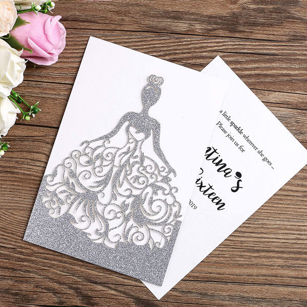 Silver Glitter Laser Cut Crown Wedding Invitation Cards For Birthday Sweet 15 Quinceañera Lcp016 - Hibrides