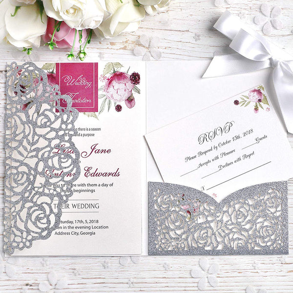 Silver Glitter Laser Cut Wedding Invitation Cards with Envelopes Ribbons for Wedding lcp018 - Hibrides