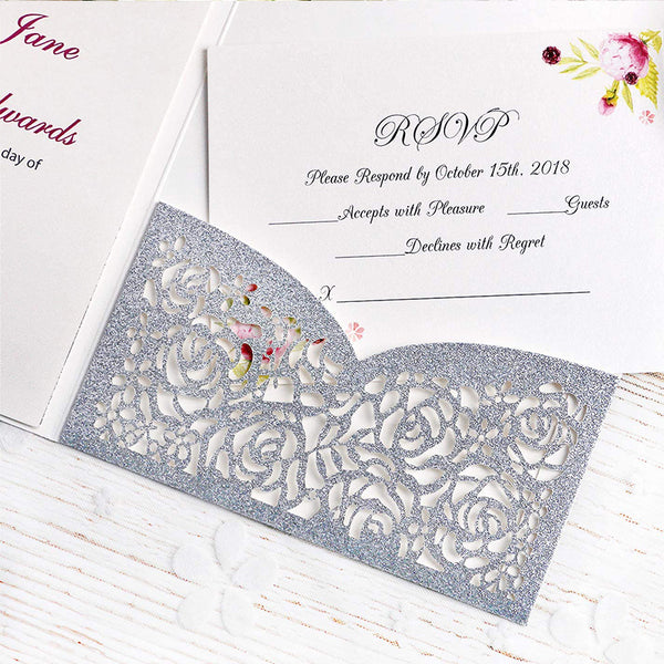 Silver Glitter Laser Cut Wedding Invitation Cards with Envelopes Ribbons for Wedding lcp018 - Hibrides