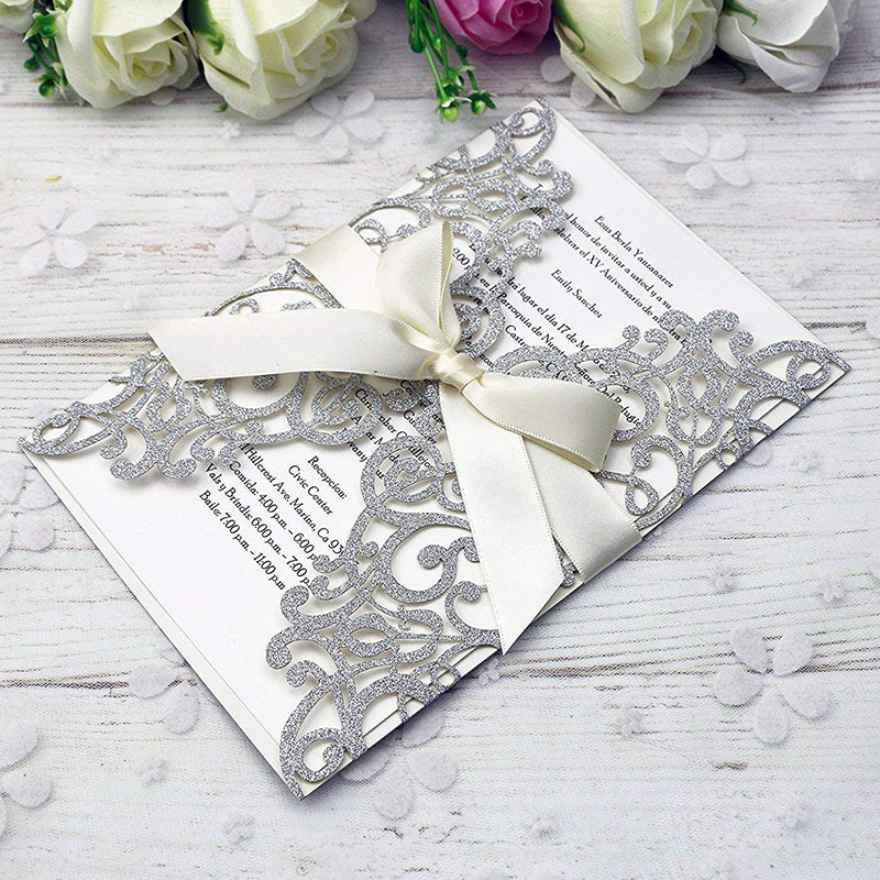 Silver Glitter Laser Cut Wedding Invitation Cards with Envelopes for Wedding Bridal Shower Lcp017 - Hibrides