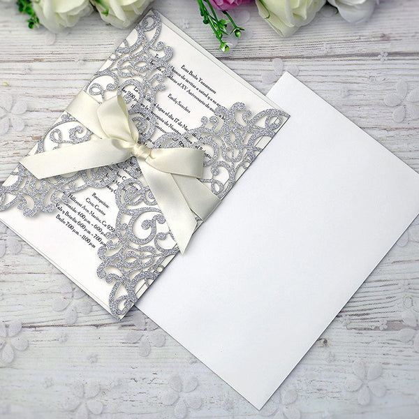 Silver Glitter Laser Cut Wedding Invitation Cards with Envelopes for Wedding Bridal Shower Lcp017 - Hibrides
