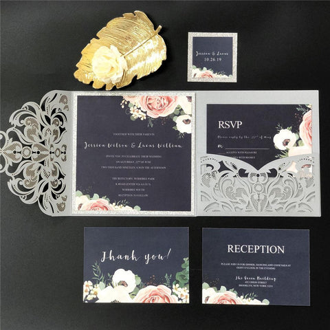 Silver Laser Cut Wedding Invitations with Navy Blue Floral Glittery Back Card and Personalized Belly Band Lcz060 - Hibrides