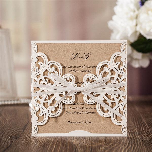 Simple white lace laser cut Wedding Invitation with satin ribbons LC026 - Hibrides