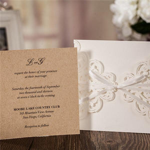 Simple white lace laser cut Wedding Invitation with satin ribbons LC026 - Hibrides