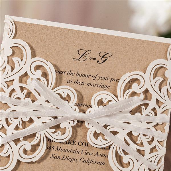 Simple white lace laser cut Wedding Invitation with satin ribbons LC02 ...