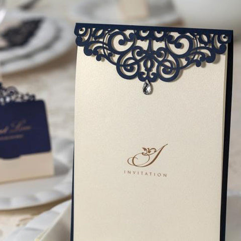 Stylish and navy blue laser cut Wedding Invitation with gem detail LC081 - Hibrides