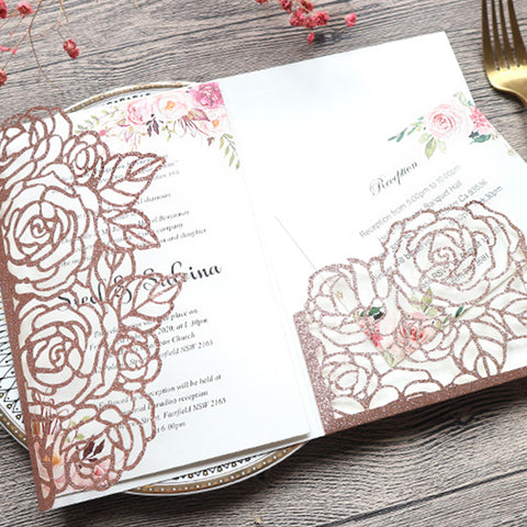 Rose Gold Glittery Laser Cut Wedding Invitations with Floral Design Lcz079 - Hibrides