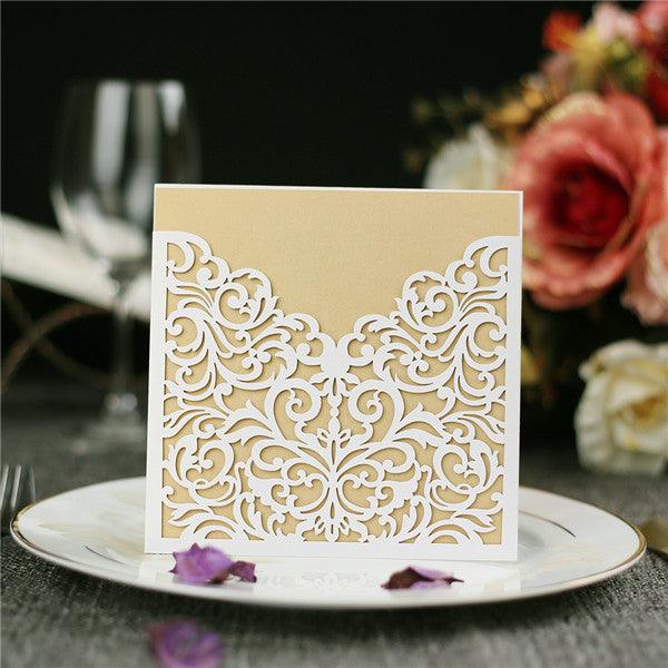 Traditional white laser cut pocket wedding invites with gold inner cards LC051 - Hibrides