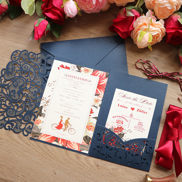 Traditional Navy Shimmer Laser Cut Wedding Invitations with Greenery Inner Design Lcz086 - Hibrides