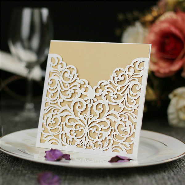 Traditional white laser cut pocket wedding invites with gold inner cards LC051 - Hibrides