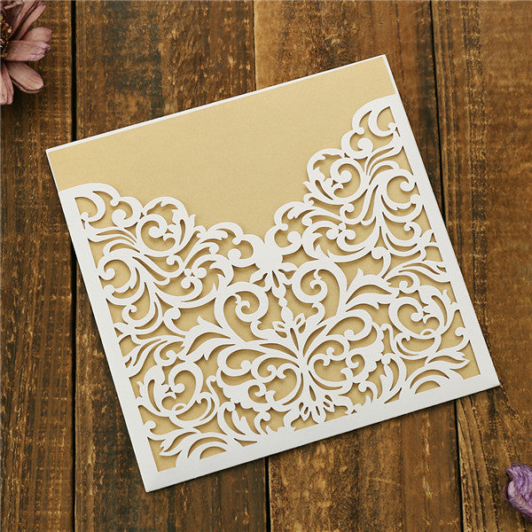 Traditional white laser cut pocket wedding invites with gold inner cards LC051 - Hibrides