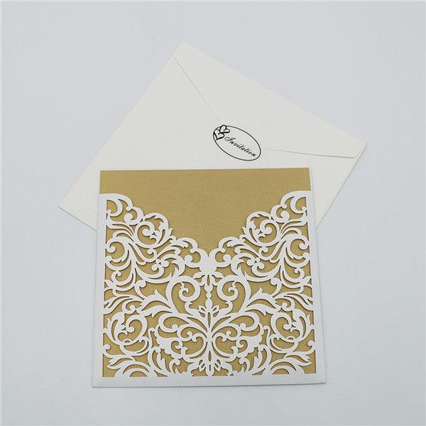Traditional white laser cut pocket wedding invites with gold inner cards LC051 - Hibrides