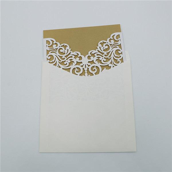 Traditional white laser cut pocket wedding invites with gold inner cards LC051 - Hibrides