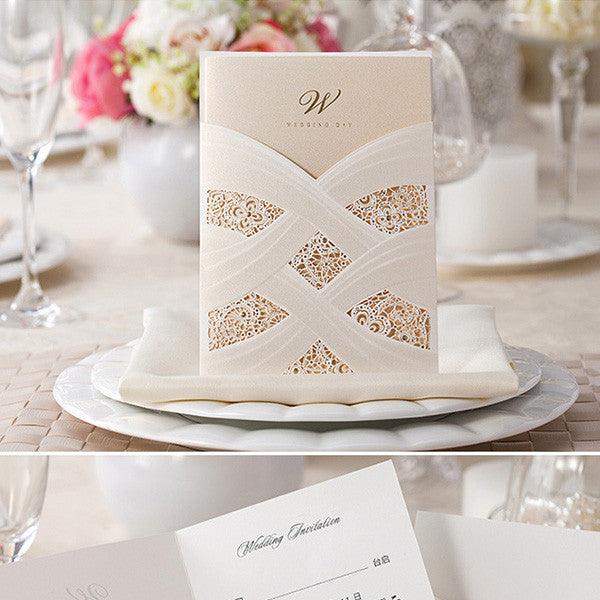 Unique ivory and gold laser cut pocket Wedding Invitation LC005 - Hibrides