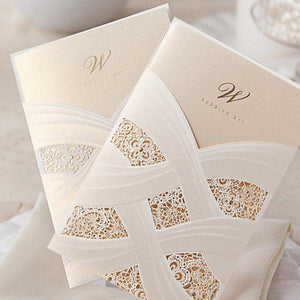 Unique ivory and gold laser cut pocket Wedding Invitation LC005 - Hibrides
