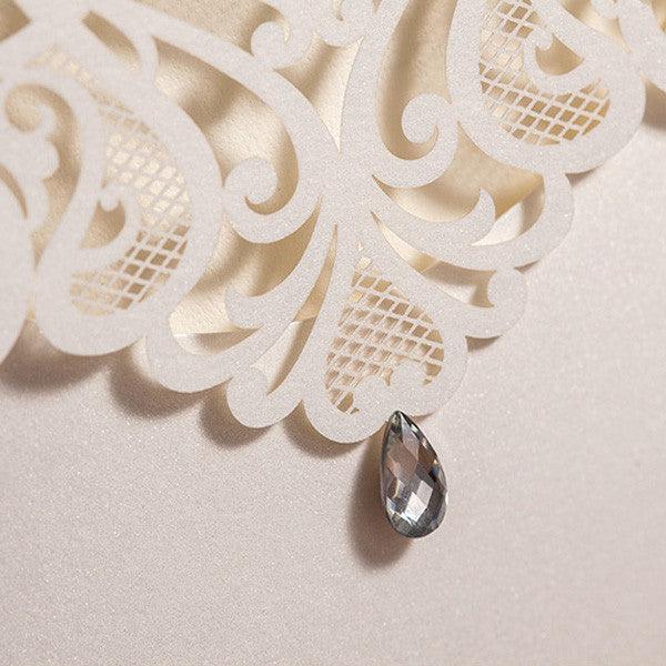 Unique modern white laser cut pocket Wedding Invitation with rhinestone LC012 - Hibrides