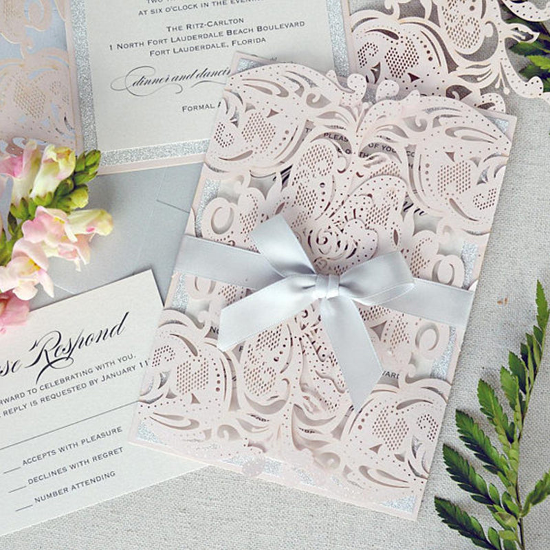 Pink Laser Cut wedding Invitations with White Ribbon and Silver Backer Lcz031 - Hibrides