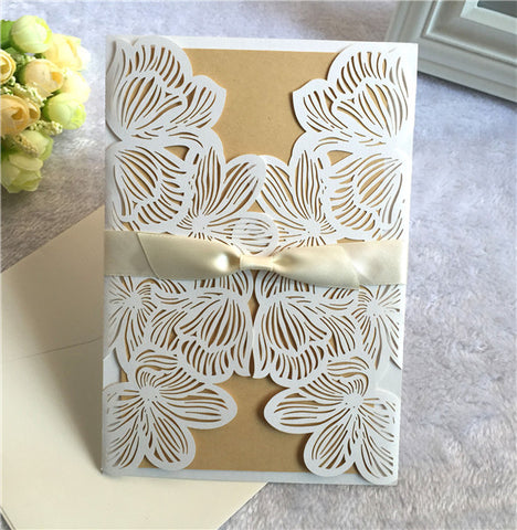 Vintage and sophisticated ivory and gold laser cut Wedding Invitation LC058 - Hibrides