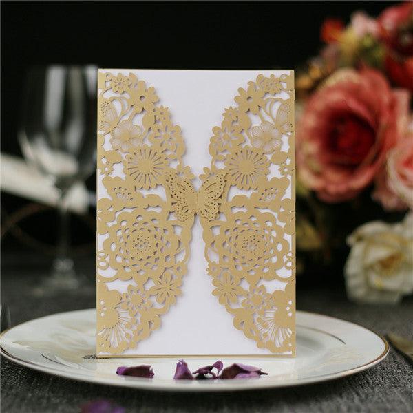 Vintage gold laser cut Wedding Invitation with butterflies LC046 - Hibrides