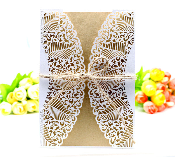 Vintage white lace laser cut Wedding Invitation with leaves pattern LC056 - Hibrides