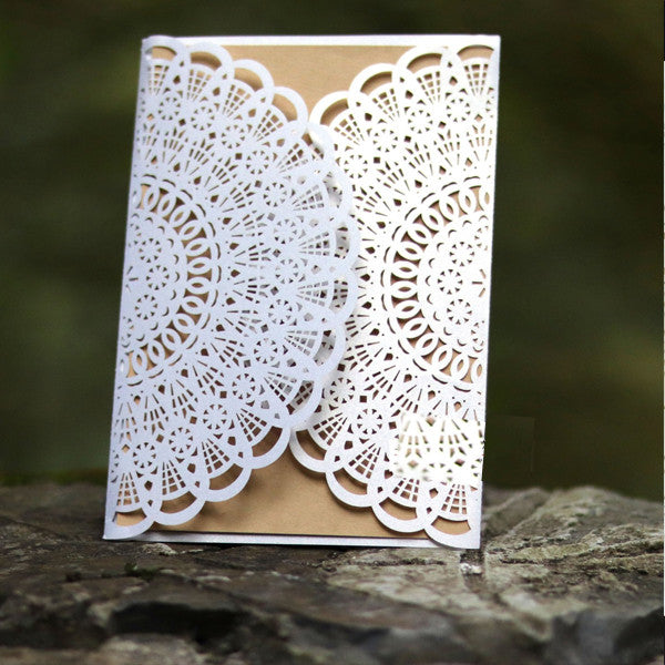 Vintage and classic white laser cut Wedding Invitation with suede ribbon LC059 - Hibrides