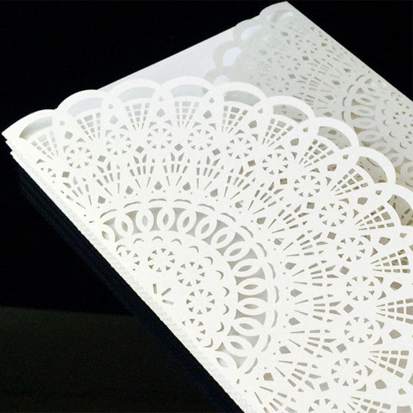 Vintage and classic white laser cut Wedding Invitation with suede ribbon LC059 - Hibrides