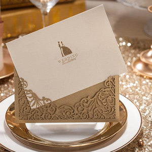 Vintage and simple gold laser cut pocket Wedding Invitation LC007 - Hibrides
