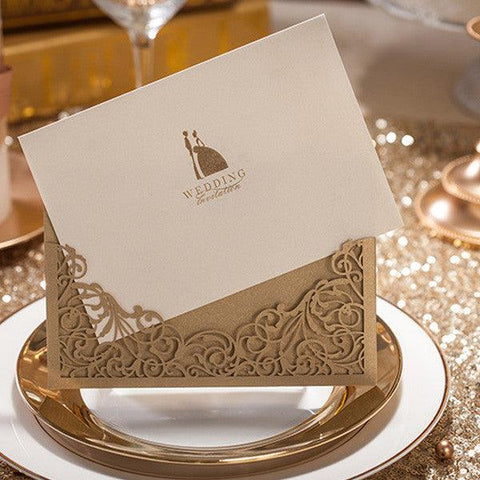 Vintage and simple gold laser cut pocket Wedding Invitation LC007 - Hibrides