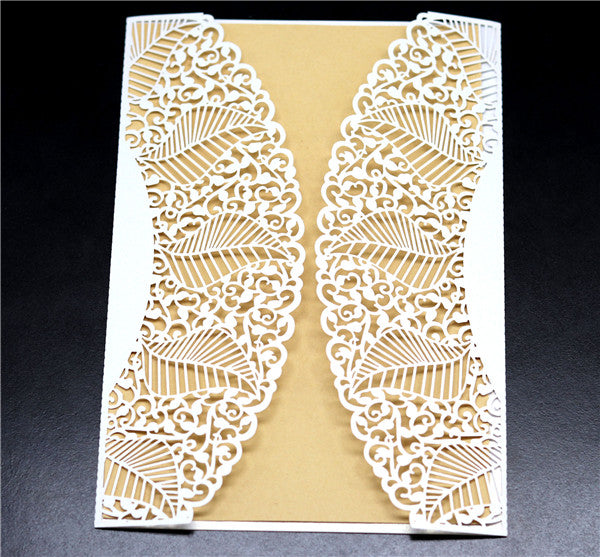 Vintage white lace laser cut Wedding Invitation with leaves pattern LC056 - Hibrides