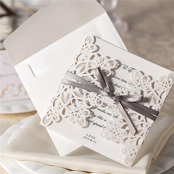 White vintage folded laser cut Wedding Invitation with grey ribbons LC002 - Hibrides