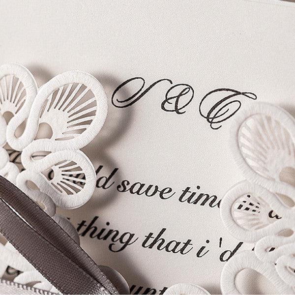 White vintage folded laser cut Wedding Invitation with grey ribbons LC002 - Hibrides
