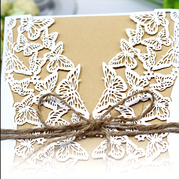White lace butterfly laser cut Wedding Invitation with hemp cord LC062 - Hibrides